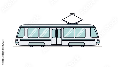 A vector illustration of a light-rail vehicle, with windows, doors, and a pantograph