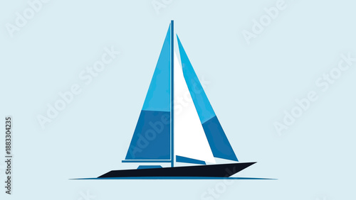 A minimalist illustration of a sailboat on a light blue background. Sails are blue and white