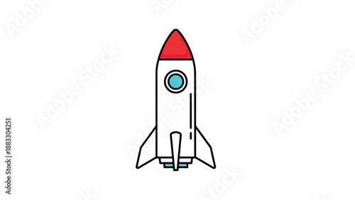 A cartoon rocket, colored white with red tip, blue port hole, and fins, isolated on white