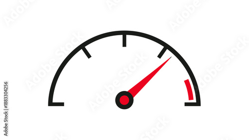 A minimalist speedometer illustration featuring a red needle indicating a high speed on white