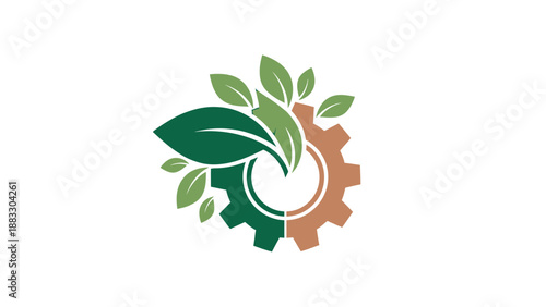 A green leaf design intertwined with a brown and green gear on a white background