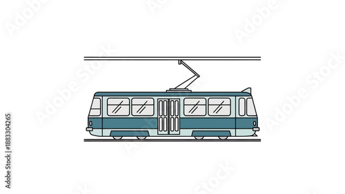 A teal and light grey electric tram, outline style, on tracks. Overhead power lines and pantograph visible