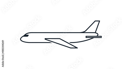 Line art of a passenger airplane in profile, dark lines on white background