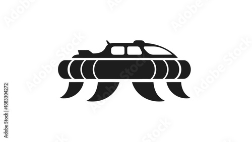A silhouetted image of a hovercraft, with a central body, windows, fins, and circular structure