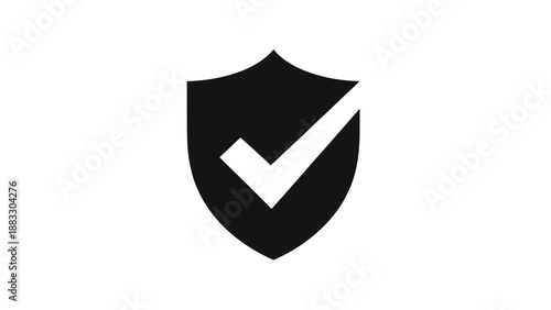 A black shield icon with a white checkmark inside, set against a white background