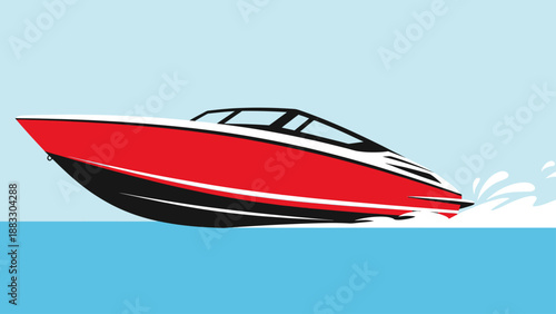 A vector illustration depicts a red and black speedboat on water, creating white splashes
