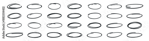 Set of hand drawn doodle ellipses, bright scribble ovals and bubbles to circle text, collection of brush drawn circles, marker round elements and hand drawn circle frames on transparent background