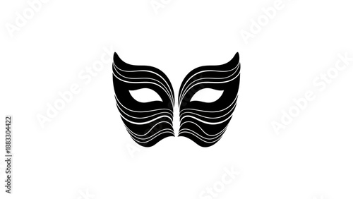 Black and white illustration of a carnival mask, symmetrical with wavy lines