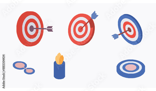 Isometric 3D target and arrow set for business strategy marketing and KPI success