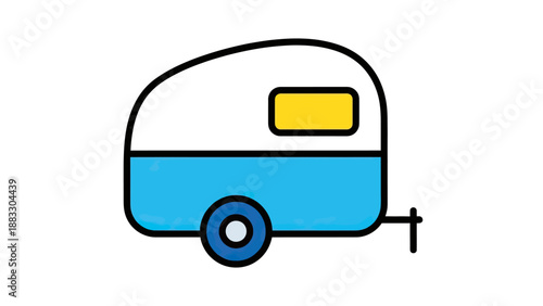 Cartoon-style camper. A two-tone blue and white trailer with a yellow window and a black outline