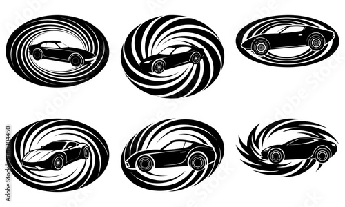 Six Black Sports Cars with Motion Swirls on White Background dynamic speed