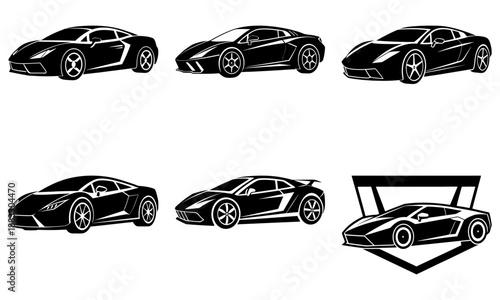 Five Black Sports Cars Silhouettes on White Background luxury car