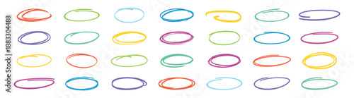 Hand drawn doodle circle set, sketchy marker brush outlines, scribble highlight frames, isolated vector elements on transparent background