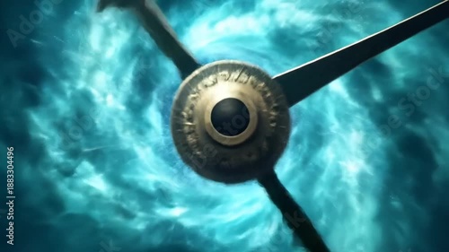 Abstract clock face with Roman numerals surrounded by swirling clouds and cosmic energy.