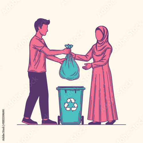 Man and woman working together to dispose of waste in a recycling bin.
