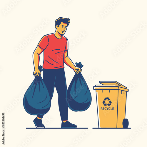 Man carrying two full garbage bags towards recycling bin for disposal.