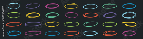 Hand drawn doodle ellipses, bright scribble ovals and bubbles to circle and highlight text, brush drawn black circles, marker round elements isolated on transparent background