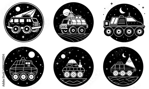 Six futuristic lunar rover vehicles on a white background with stars and celestial bodies futuristic vehicle