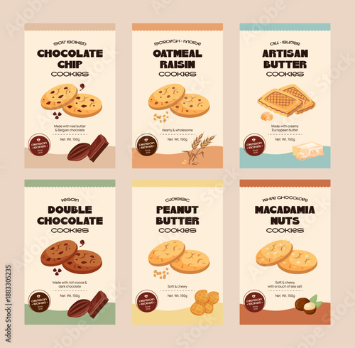 Modern cookie packaging collection with illustrations and icons