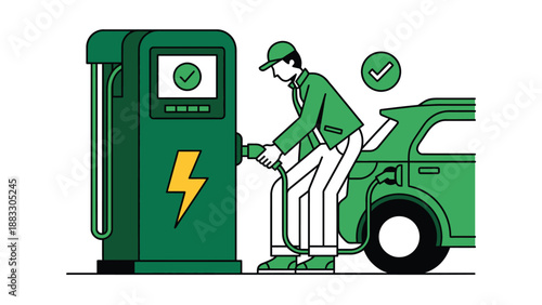 Man charging electric car at a charging station, green energy concept.