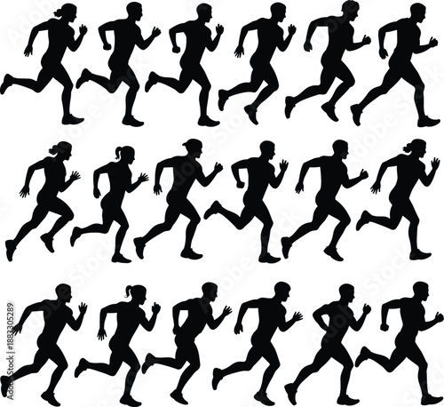 Set of running man and woman silhouettes in various sprinting poses isolated on white background for sports and fitness design,