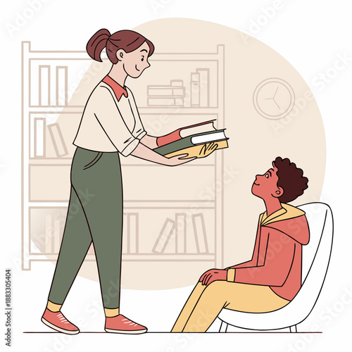 Woman offering textbooks to a seated learner student