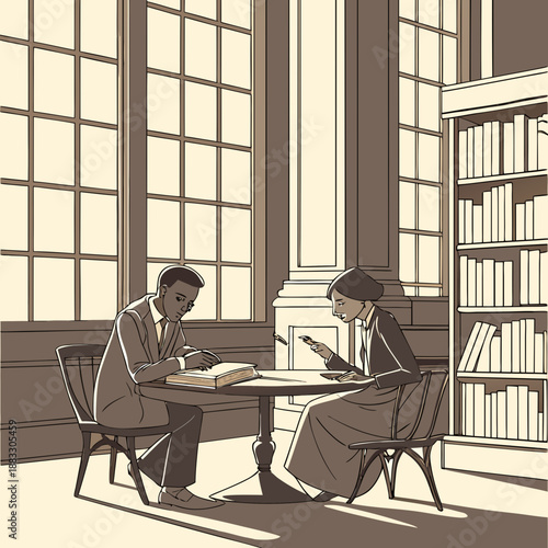 Monochromatic of two people studying at a table in a library