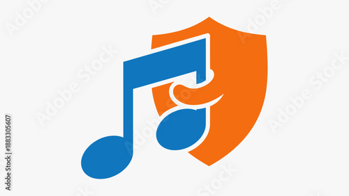 Stylized music note in blue against orange shield shape on white background
