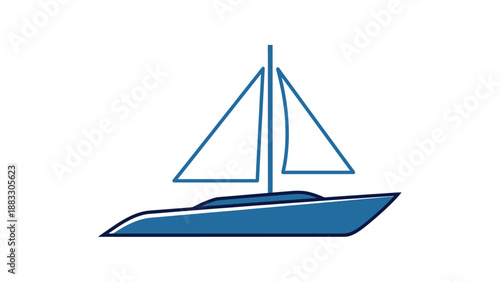 A vector illustration depicts a blue sailboat on a white background. It's a clean, simple design