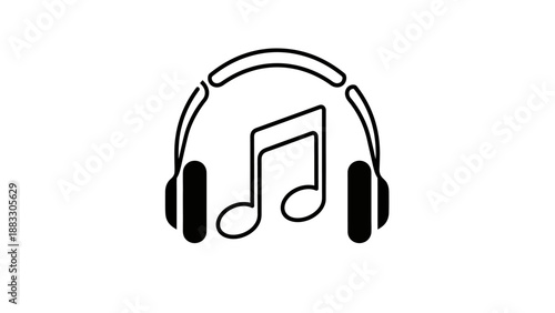 Black and white illustration of headphones and musical note. Graphic design