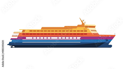 Colorful illustrated ferry boat, side view, with a bridge. The background is white