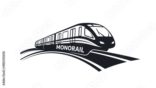 Monorail train icon in black and white on white. Curved tracks, "MONORAIL" text is below