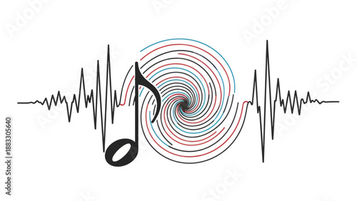 Black musical note with a spiral and two heartbeat patterns on white