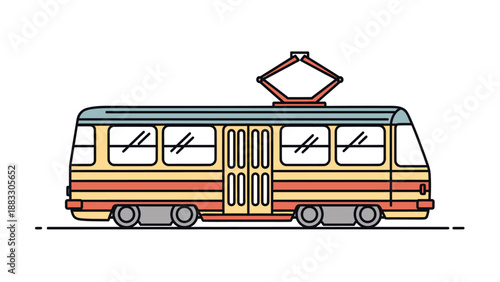 Vector illustration of a colorful tram, with windows, doors and an overhead power collector