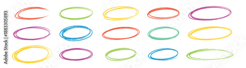 Hand drawn colorful doodle circles and ellipses, brush marker outlines, scribble round frames and bubbles for text on transparent background