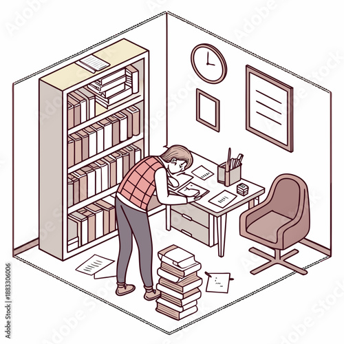 Isometric view of a person studying in a cluttered office