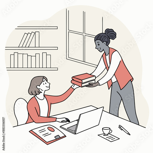 Woman passing books across desk to colleague at office