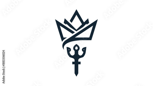A minimalist emblem of a crown above a trident, in dark blue on white