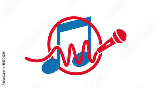 Red microphone and wavy line on white, blue musical notes. Circular and abstract