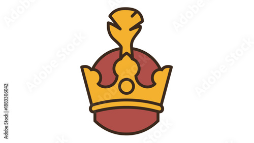 Stylized illustration of a crown with a central plume, in gold and red hues