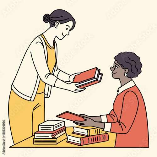 Woman handing book to woman at table with stack of books