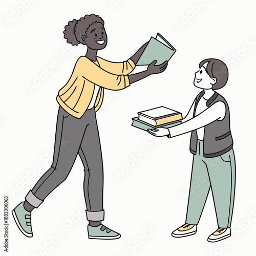 Of two people exchanging books smiling happy