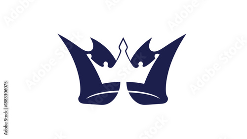 Dark blue abstract graphic of a stylized crown on a white background