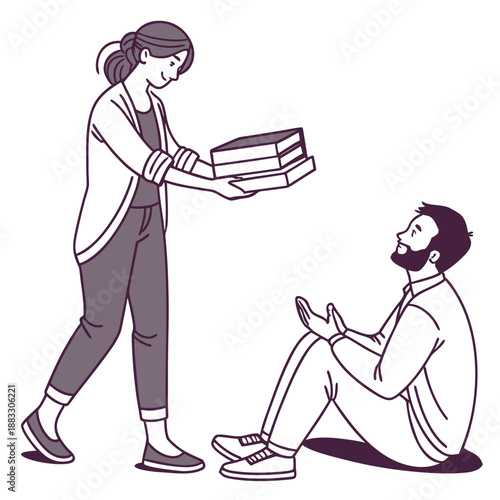 Woman passing textbooks to seated man standing sitting