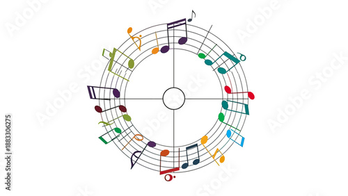 A musical composition represented as a colorful circular design with musical notes