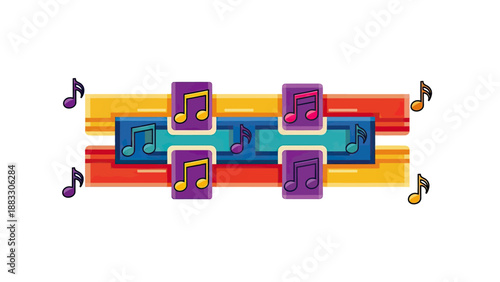 A colorful, stylized musical composition featuring floating notes and a horizontal bar