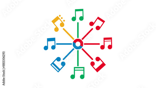 A colorful circular graphic of musical notes emanating from a central circular core