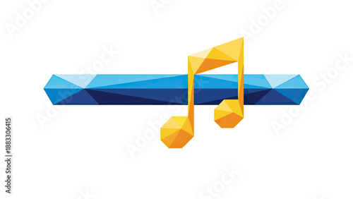 Geometric musical notes in yellow sit above a blue faceted bar on a white background