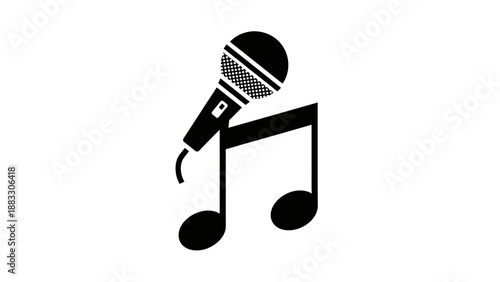 Monochrome illustration features a microphone, merged with a musical note, both black on white