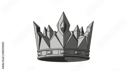 A grayscale, geometric crown with sharply angled points and a decorative base on a white background